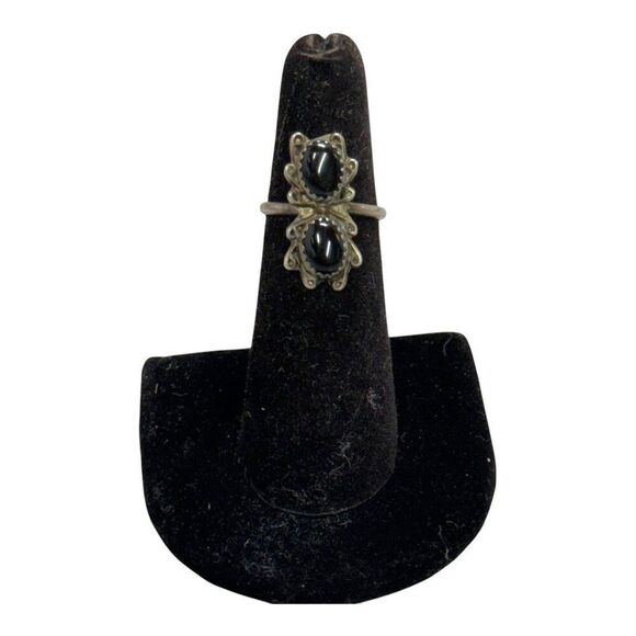 Vintage Navajo Sterling Silver Double Black Onyx Gemstone Statement Ring Size 5 - Picture 3 of 7